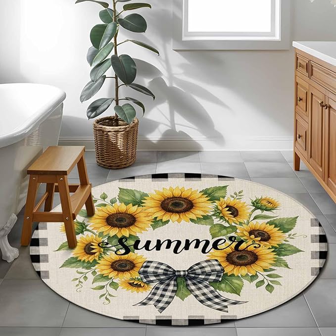 Washable Round Area Rug Summer Words Farm Sunflowers Circle Rugs Floor Carpet for Living Room Bedroom, Butterflies Country Floral Soft Non Slip Round Rug 3ft