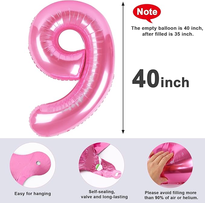 40 Inch Pink Numbers 9 Balloon, Balloons Decorations for 9 19 90 Birthday Party, Engagement, Wedding, Graduations, Photo Shoot Supplies