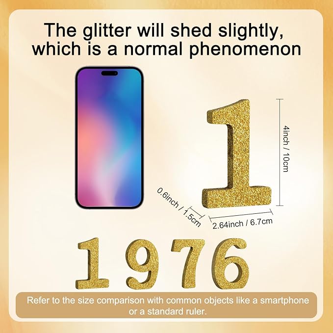 TONIFUL 4 Inch 1976 Gold Glitter Table Centerpiece Sign 1976 Number Block for 50th Birthday Decoration,Fifty Years Old Birthday Table Decoration,Class of 1976 Reunion Decorations or Anniversary