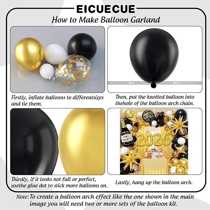 Black and Gold White Balloons Garland Arch Kit - Different Size Balloons Gold Fringe Curtain Backdrop for Graduation Birthday Anniversary New Years Theme Party Decorations