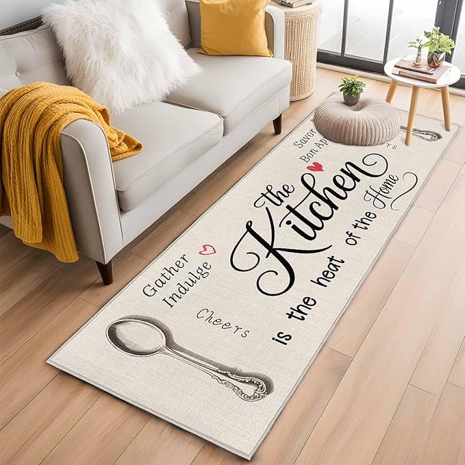 Runner Rug for Bedroom Hallway, Spoon Fork Vintage Farmhouse Kitchen Runner Rugs Area Rug 2x6ft, Abstract Love Retro Linen Washable Soft Floor Carpet for Entryway Stair