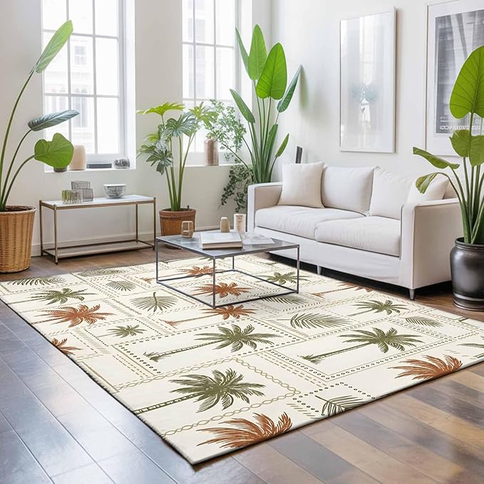 Area Rug 3x5ft, Vintage Coconut Tree Palm Leaves Washable Rugs for Living Room Bedroom, Farm Tropical Plant on Beige Soft Non-Slip Area Rugs Rectangle Floor Carpet for Dining Room