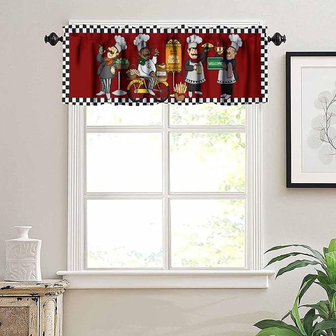 Funny Chef Kitchen Valance, Vintage Checkered Cartoon Bakers Coffee Short Window Drapes for Kitchen Dining Room Resturant Bedroom, 54x18Inch