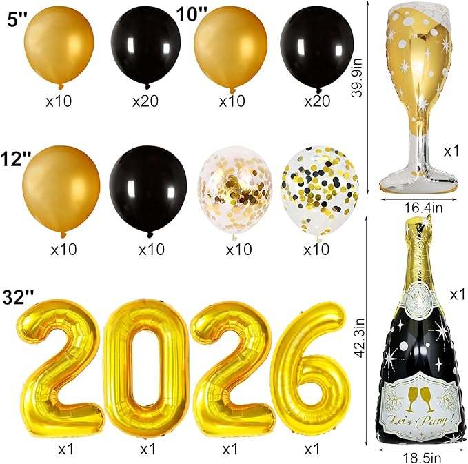 106 Pcs Black and Gold Confetti Balloons Arch Kit, Huge Black Gold Champagne Bottle Goblet Aluminum Foil Balloons for College, Kindergarten Grad, 2026 Graduation Party Decorations Supplies