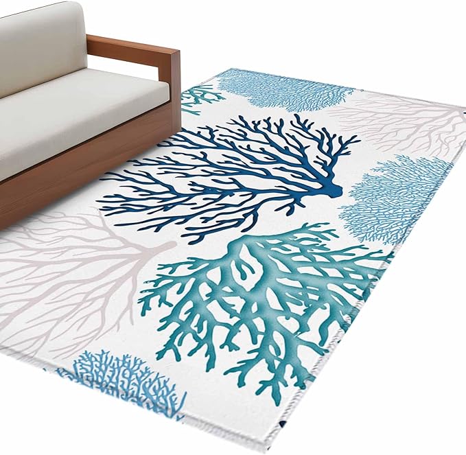 Area Rug 4x6ft, Classic Sea Blue Coral Washable Rugs for Living Room Bedroom, Abstract Marine Life Scenery Soft Non-Slip Area Rugs Rectangle Floor Carpet for Dining Room