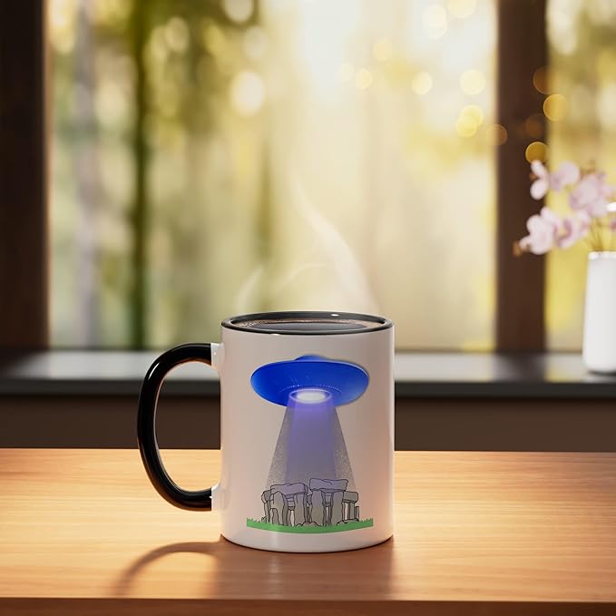 Funny UFO Stonehenge mystery stone circle flying saucer Ceramic Mug, Black/White