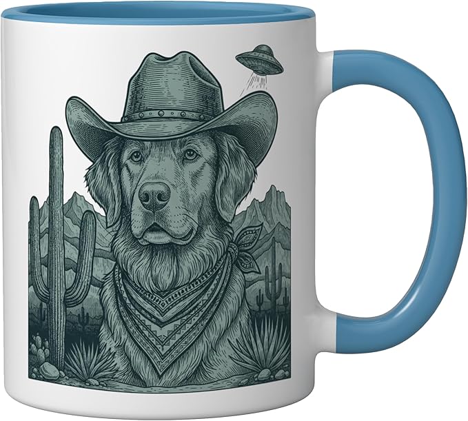Cowboy Golden Retriever With Ufo Western Dog Art Ceramic Mug, Blue/White