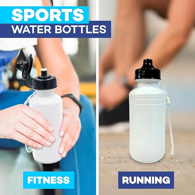 4E's Novelty Sports Water Bottles Bulk (22 Pack) 18 oz Squeeze Reusable Plastic White Water Bottle, BPA Free, School Kids Water Bottles, Party Favor, End of Year Student Gifts from Teacher