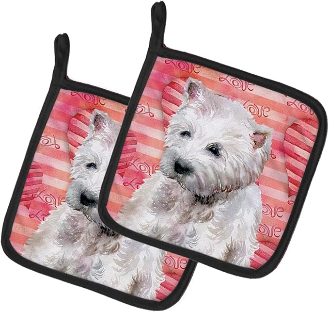 Caroline's Treasures BB9788PTHD Westie Love Pair of Pot Holders, Red Kitchen Heat Resistant Pot Holders Sets Oven Hot Pads for Cooking Baking BBQ, 7 1/2 x 7 1/2