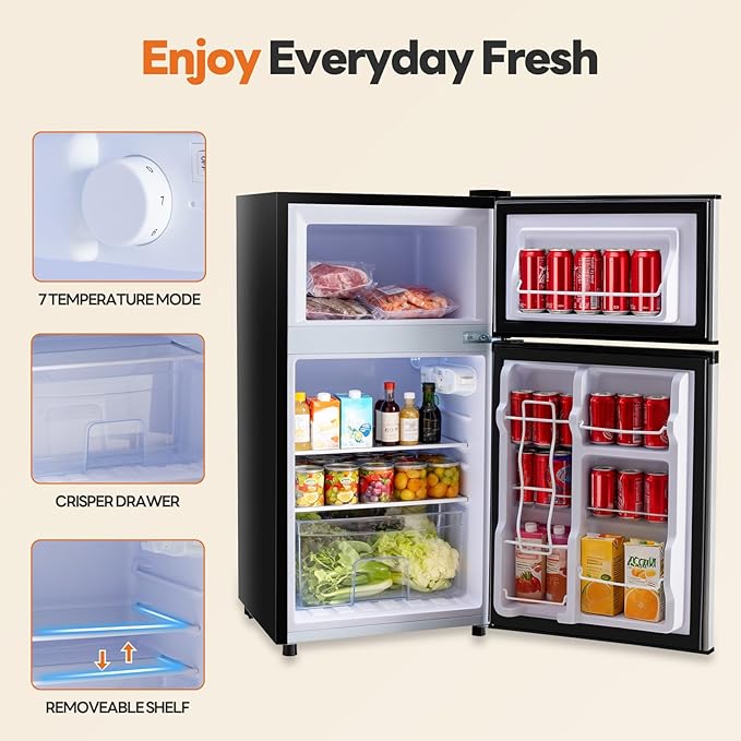 Sweetcrispy 3.2 Cu.Ft Mini Fridge with Freezer, 2 Door Small Refrigerator with Adjustable Thermostat Energy-efficient Low Noise, Compact Fridge for Bedroom, Office, Dorm, Black