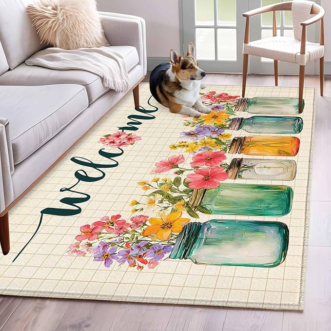 Area Rug 4x6ft, Summer Pastoral Flower Buffalo Plaid Washable Rugs for Living Room Bedroom, Rustic Blossom Floral Soft Non-Slip Area Rugs Rectangle Floor Carpet for Dining Room