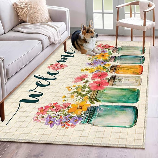 Area Rug 4x6ft, Summer Pastoral Flower Buffalo Plaid Washable Rugs for Living Room Bedroom, Rustic Blossom Floral Soft Non-Slip Area Rugs Rectangle Floor Carpet for Dining Room