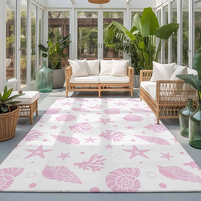 Area Rug 3x5ft, Pink Ocean Shell Conch Coral Starfish Washable Rugs for Living Room Bedroom, Summer Marine Theme Soft Non-Slip Area Rugs Rectangle Floor Carpet for Dining Room