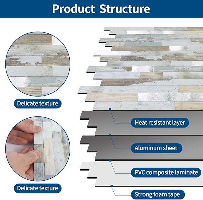 Yipscazo 10 Sheets Peel and Stick Stone Metal Tile Backsplash, Stick on Tiles for Backsplash Kitchen, Bathroom, Laundry Room, Camper, Fireplace (12'' X 12'', White Wood with Metal)