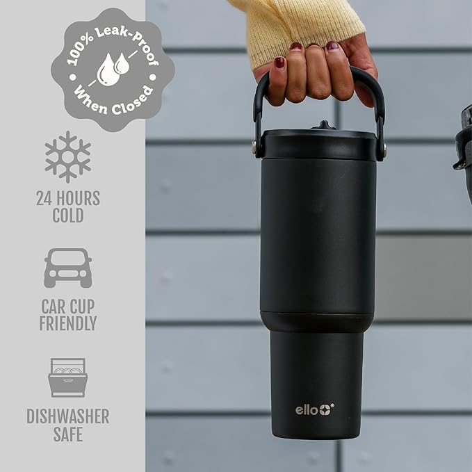 Ello Oasis Go+ 32oz Tumbler with Top Handle and Retracting Straw | Reusable Insulated Stainless Steel Cup, 100% Leakproof Water Bottle, 24 Hours Cold, Cup Holder Friendly For Travel | Black