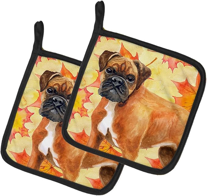 Caroline's Treasures BB9901PTHD German Boxer Fall Pair of Pot Holders, Yellow Kitchen Heat Resistant Pot Holders Sets Oven Hot Pads for Cooking Baking BBQ, 7 1/2 x 7 1/2