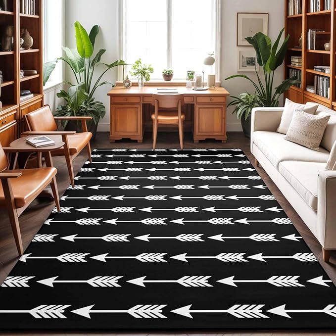 Area Rug 9x12ft, Tribal Style Arrows Pattern Washable Rugs for Living Room Bedroom Rectangle Floor Carpet, Black Background Soft Non-Slip Area Rugs for Dining Room