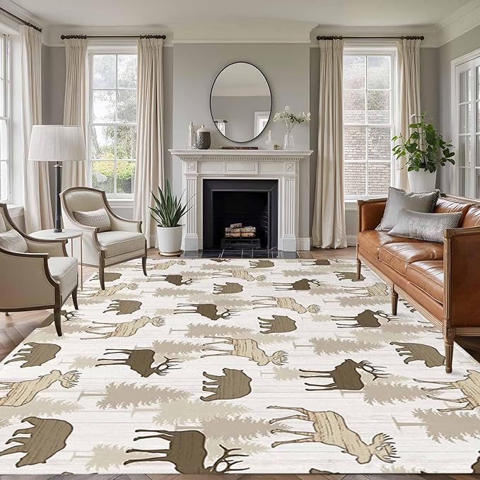 Area Rug 9x12ft, Animal Moose Bears Washable Rugs for Living Room Bedroom Rectangle Floor Carpet, Retro Rustic Pine Trees Soft Non-Slip Area Rugs for Dining Room