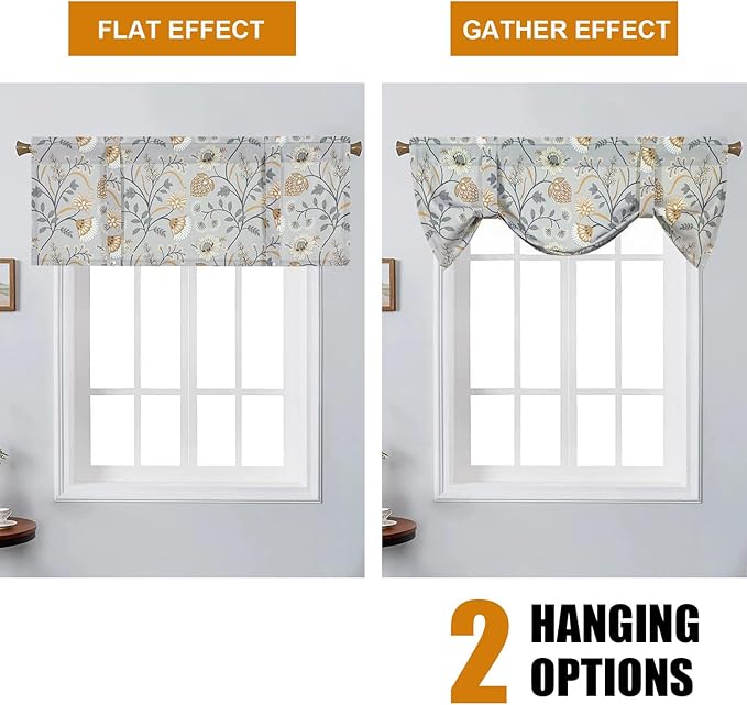 Leeva Tie Up Valances for Windows, Grey Flower Print Adjustable Short Window Treatments, Light Filtering Kitchen Curtains Valances for Living Room Bedroom, 52 x 18, One Panel