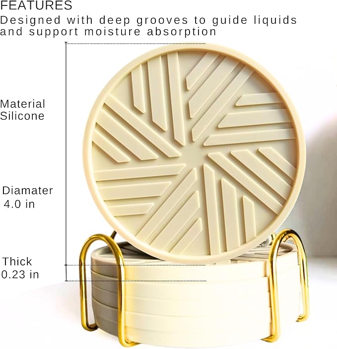 Silicone Drinks Coasters Set of 6 - with Gold Holder, smart Modern Grooved Pattern to Prevent Sticking from Cups, Protecs to Coffee Tables, Boho Vintage Home Office bar Decor - Beige