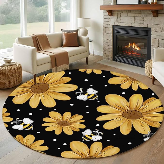Washable Round Area Rug Summer Daisy Flower Bee on Black Circle Rugs Floor Carpet for Living Room Bedroom, Spring Watercolor Floral Soft Non Slip Round Rug 5ft