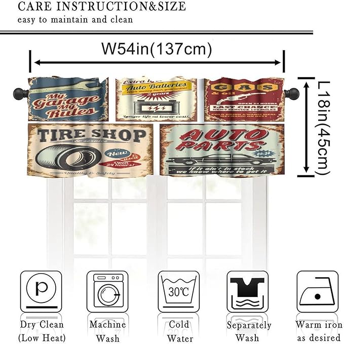 1950s Valance Curtain Vintage Car Automobile Advertising Repair Vehicle Garage Servicing Image Short Curtain Valance for Kitchen Bedroom Bathroom Decor with Rod Pocket, One Panel 54X18 Inches
