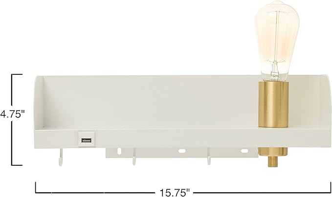 Bloomingville 15.75 in.W Metal Wall Shelf with Light, USP, and 3 Hooks
