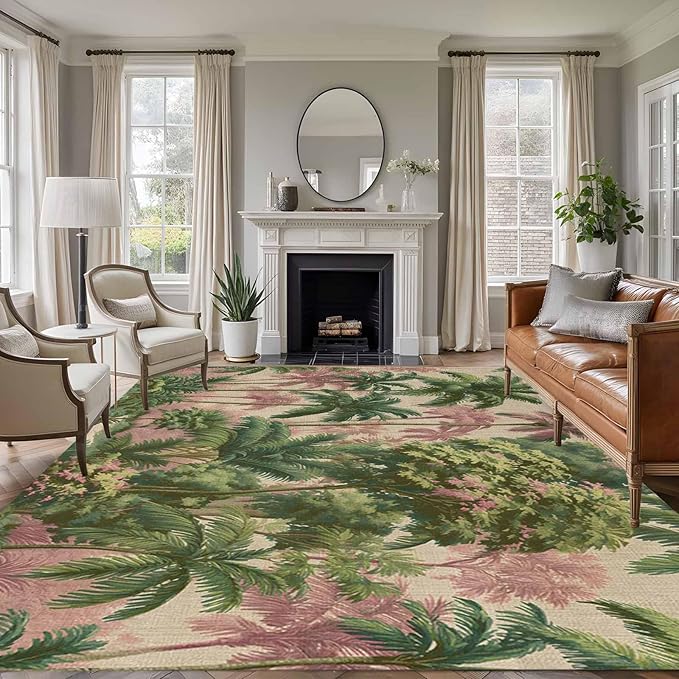 Area Rug 8x10ft, Exotic Forest Green Pink Palms Tree Washable Rugs for Living Room Bedroom, Vintage Botantical Soft Non-Slip Area Rugs Rectangle Floor Carpet for Dining Room