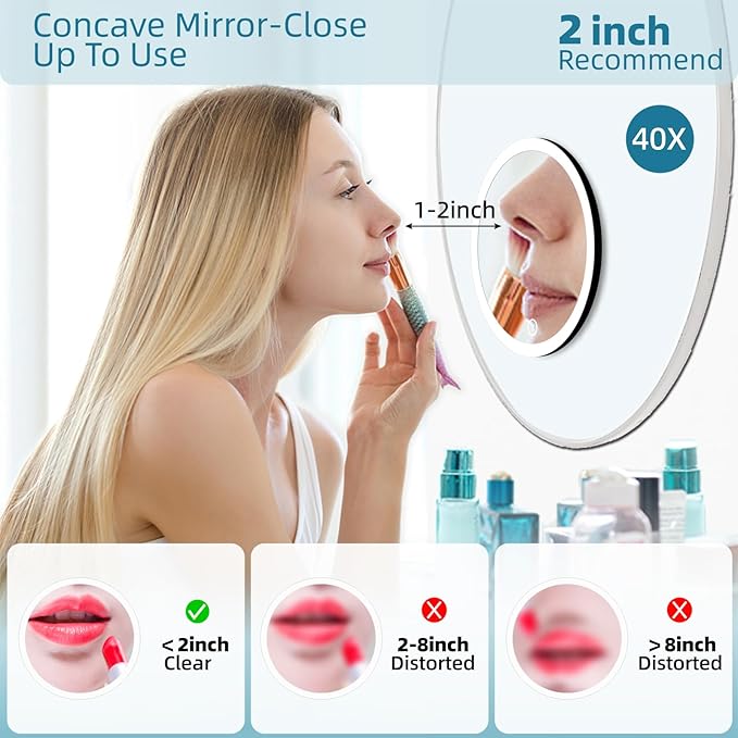 40X Magnifying Mirror with Light, 6inch Compact Travel Size, 3 Color Lights Adjustable Brightness, Rechargeable 40X Makeup Magnification Mirror with 3 Suction Cups - Includes Tweezers & Scissors