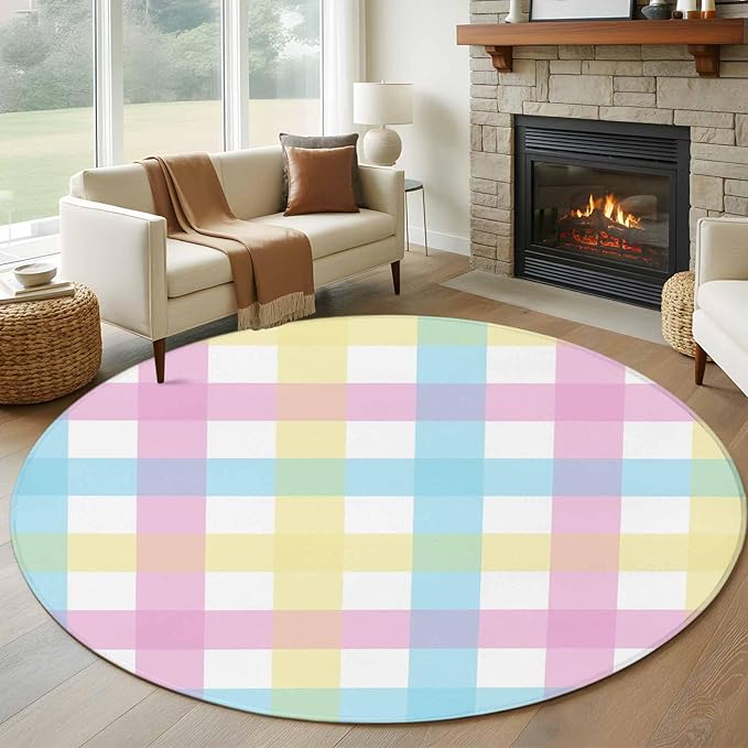Washable Round Area Rug Spring Easter Colorful Lattice Circle Rugs Floor Carpet for Living Room Bedroom, Minimalist Buffalo Checker Soft Non Slip Round Rug 5ft