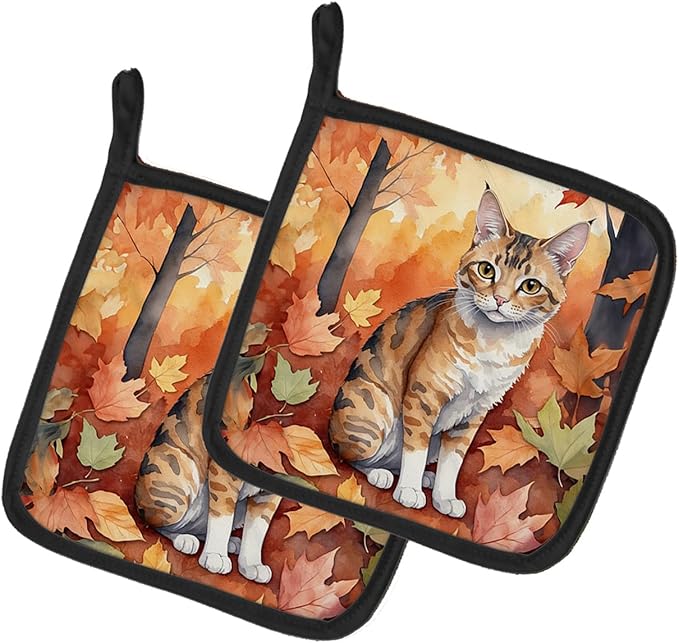 Caroline's Treasures Oregon Rex Cat in Fall Leaves Pair of Pot Holders Kitchen Heat Resistant Pot Holders Sets Oven Hot Pads for Cooking Baking BBQ, 7 1/2 x 7 1/2