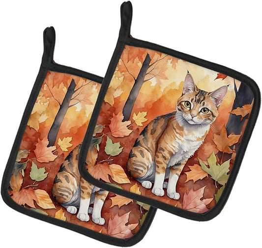 Caroline's Treasures Oregon Rex Cat in Fall Leaves Pair of Pot Holders Kitchen Heat Resistant Pot Holders Sets Oven Hot Pads for Cooking Baking BBQ, 7 1/2 x 7 1/2
