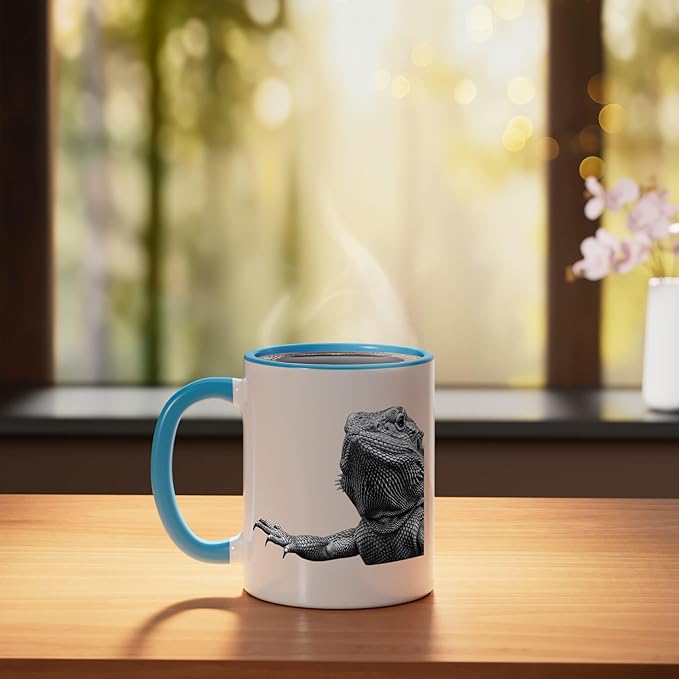 Bearded Dragon Alien Saucer Sci Fi Reptile Kids Ceramic Mug, Blue/White
