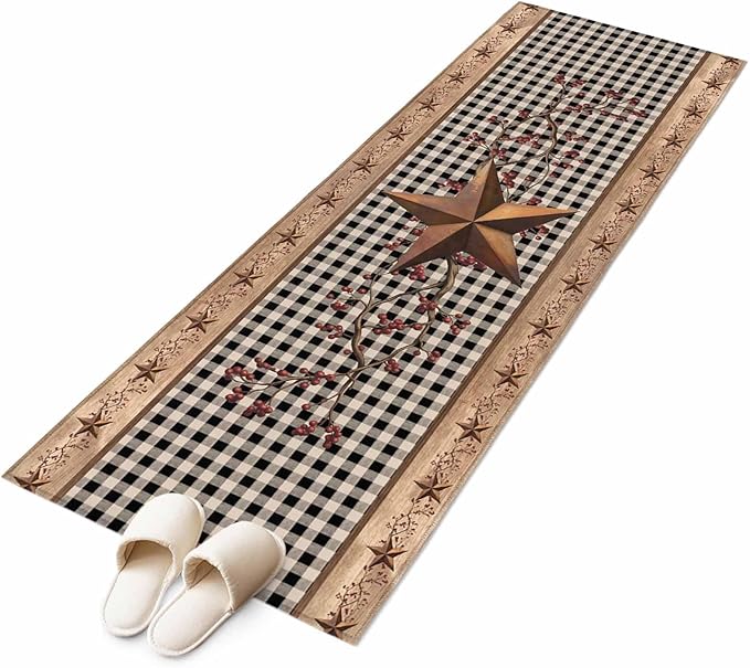 Brown Texas Star Retro 2x6 Kitchen Runner Rug, Country Star Non-Skid Rubber Backing Large Rectangle Rugs - Living Room Bedroom Home Office, Black White Plaid Wood Indoor Floor Mat Carpets Washable Rug