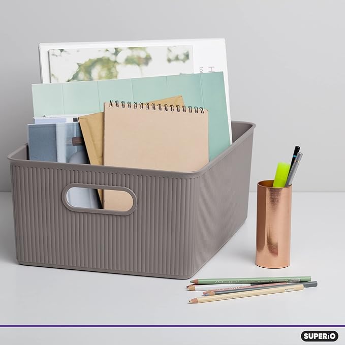 Superio Ribbed Collection - Decorative Plastic Basket Open Home Storage Bins Organizer, Large Taupe (4 Pack) Container Boxes for Organizing Closet Storage Bins for Shelves 15 Liter/16 Quart