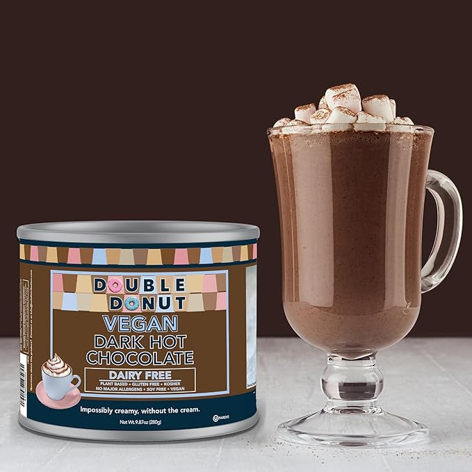 Double Donut Coffee Dark Vegan Hot Chocolate, Rich Dark Chocolate Hot Cocoa, Gluten Free, Dairy Free Hot Chocolate Mix for Velvety Smooth Vegan Hot Cocoa Mix, 9.87 Ounce Canister
