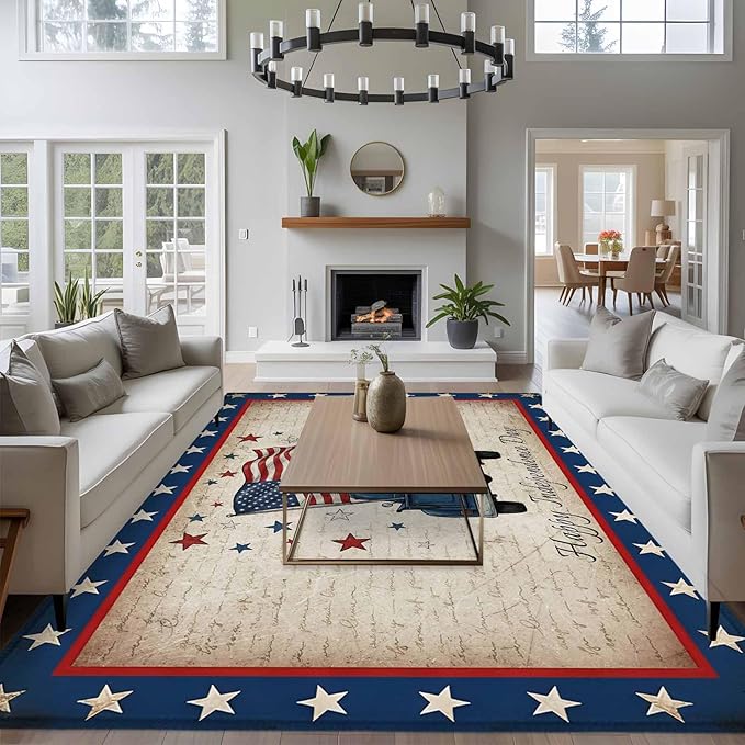 Area Rug 6x9ft, Happy Independence Day USA Flag Washable Rugs for Living Room Bedroom, Retro Blue Truck Soft Non-Slip Area Rugs Rectangle Floor Carpet for Dining Room