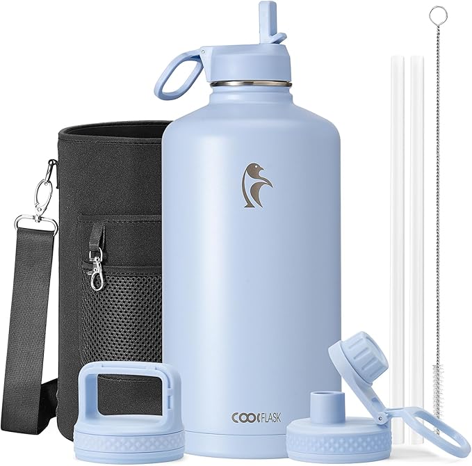 Coolflask 128 oz Gallon Water Bottle Insulated with Straw&3 Lids, Water Jug Large Stainless Steel Metal Vacuum Wide Mouth for Sports, Gym or Office, Non-BPA Keep Cold 48H Hot 24H, Light Blue