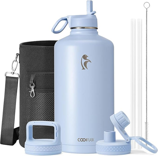 Coolflask 128 oz Gallon Water Bottle Insulated with Straw&3 Lids, Water Jug Large Stainless Steel Metal Vacuum Wide Mouth for Sports, Gym or Office, Non-BPA Keep Cold 48H Hot 24H, Light Blue