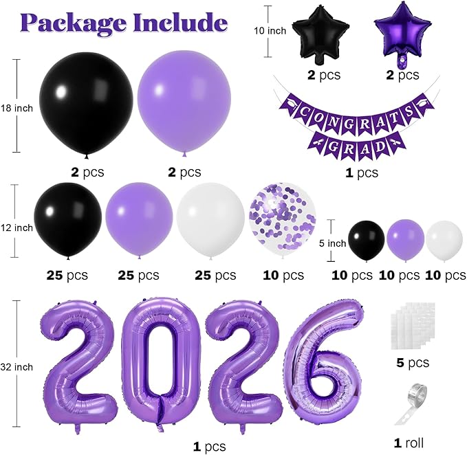 Graduation Decorations Class of 2026: Purple and Black Graduation Balloon Arch Garland Kit and Purple Confetti Balloons Congrats Grad Banner 2026 Foil Balloon Decorations For Grad Party