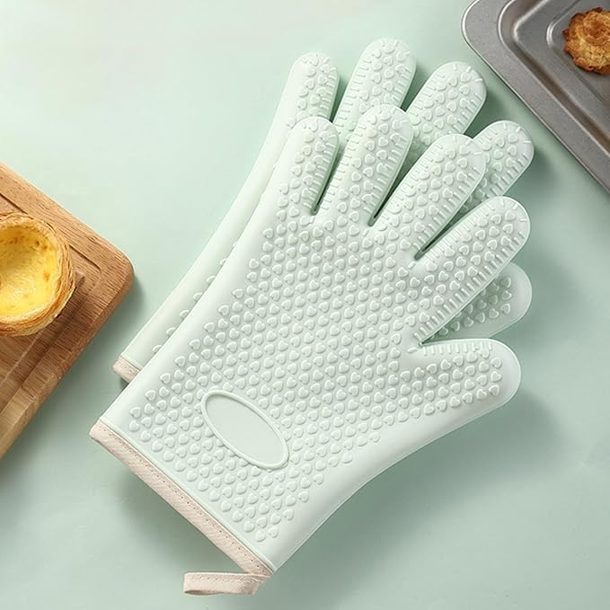 Silicone Oven Mitts with Fingers 2 Pack, Heat Resistant Kitchen Oven Gloves, Non‑Slip Waterproof Green Cooking Gloves with Cotton Lining for Baking, Grilling, BBQ