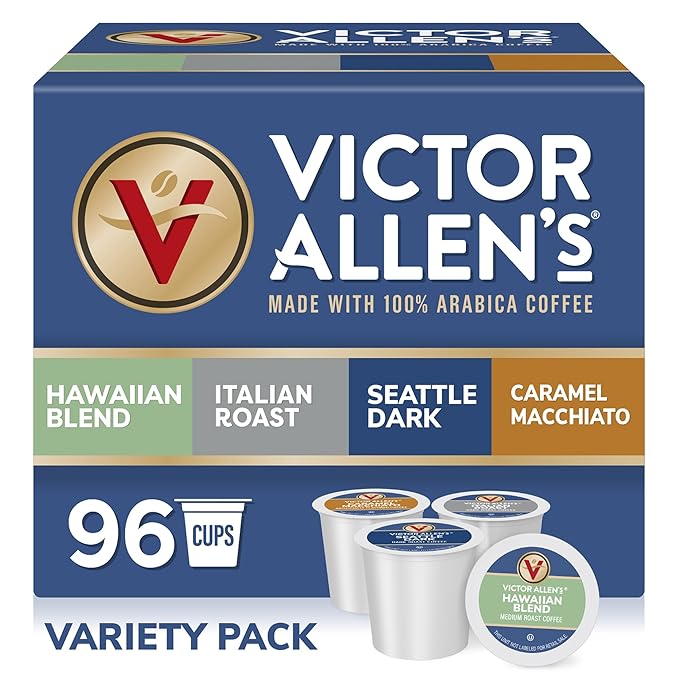 Victor Allen's Coffee Variety Pack (Hawaiian Blend, Italian Roast, Seattle Dark, Caramel Macchiato), 96 Count, Single Serve Coffee Pods for Keurig K-Cup Brewers