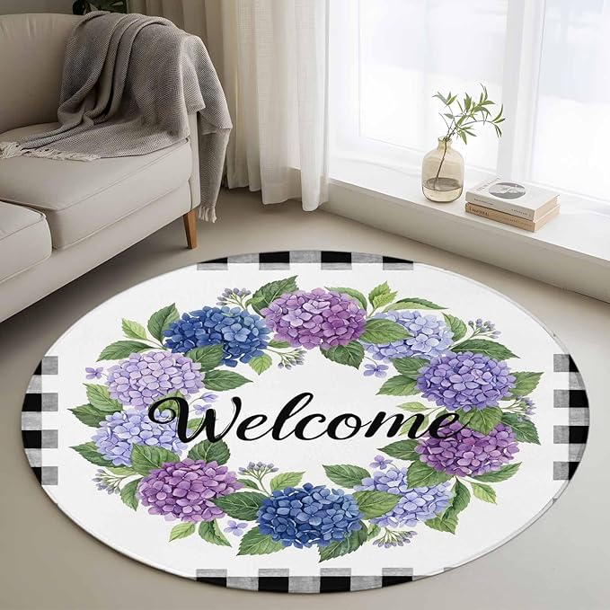 Washable Round Area Rug Summer Hydrangea Leaf Circle Rugs Floor Carpet for Living Room Bedroom, Purple Blue Flower Buffalo Check Soft Non Slip Round Rug 4ft