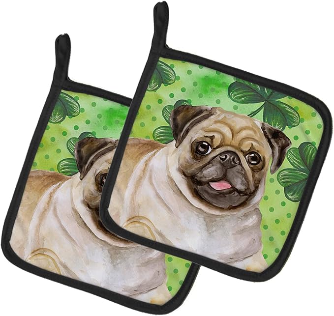 Caroline's Treasures BB9892PTHD Fawn Pug St Patrick's Pair of Pot Holders, Green Kitchen Heat Resistant Pot Holders Sets Oven Hot Pads for Cooking Baking BBQ, 7 1/2 x 7 1/2