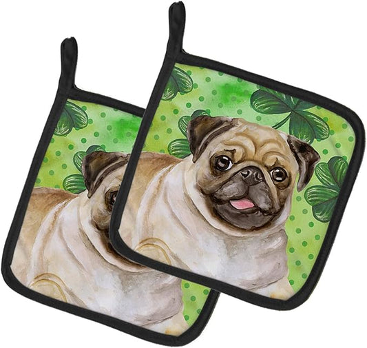Caroline's Treasures BB9892PTHD Fawn Pug St Patrick's Pair of Pot Holders, Green Kitchen Heat Resistant Pot Holders Sets Oven Hot Pads for Cooking Baking BBQ, 7 1/2 x 7 1/2