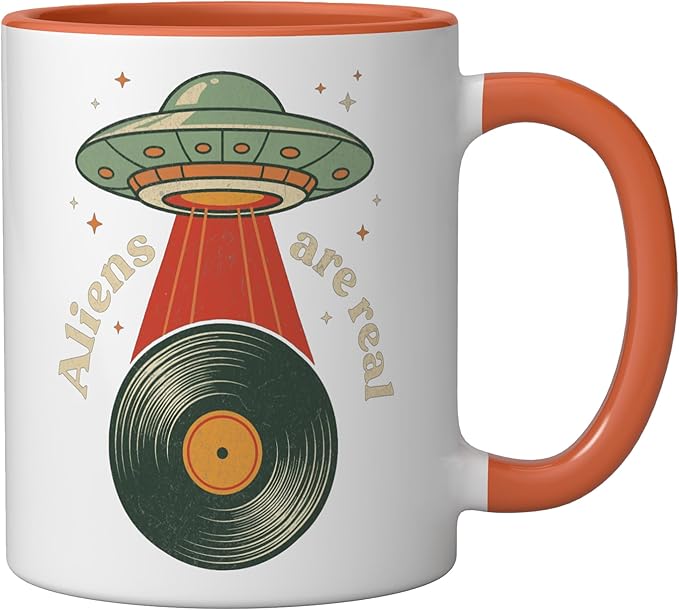 Vintage UFO Abduction Vinyl Record Player Retro Music Lover Ceramic Mug, Orange/White