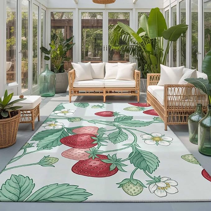 Area Rug 3x5ft, Strawberries White Flowers Washable Rugs for Living Room Bedroom, Rustic Garden Botanical Soft Non-Slip Area Rugs Rectangle Floor Carpet for Dining Room