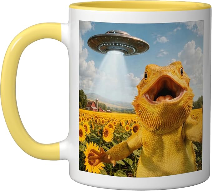 Funny Bearded Dragon Selfie with Alien UFO Ceramic Mug, Yellow/White