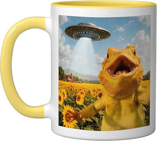 Funny Bearded Dragon Selfie with Alien UFO Ceramic Mug, Yellow/White
