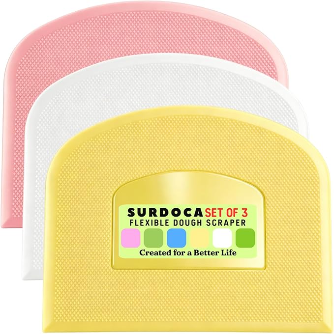 SURDOCA Dough Scraper Bench Scraper - 3P 13x7.9" Plastic Flexible Bowl Scraper, Sharp Edge & Angles Cake Scraper. Non-Slip Bakeware Decorating Tools Sculpting & Modeling Tools - Yellow+White+Pink